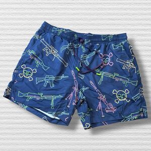 Savage Tacticians Swim Trunks XL Blue Neon Skull Rifle Tactical Board Shorts